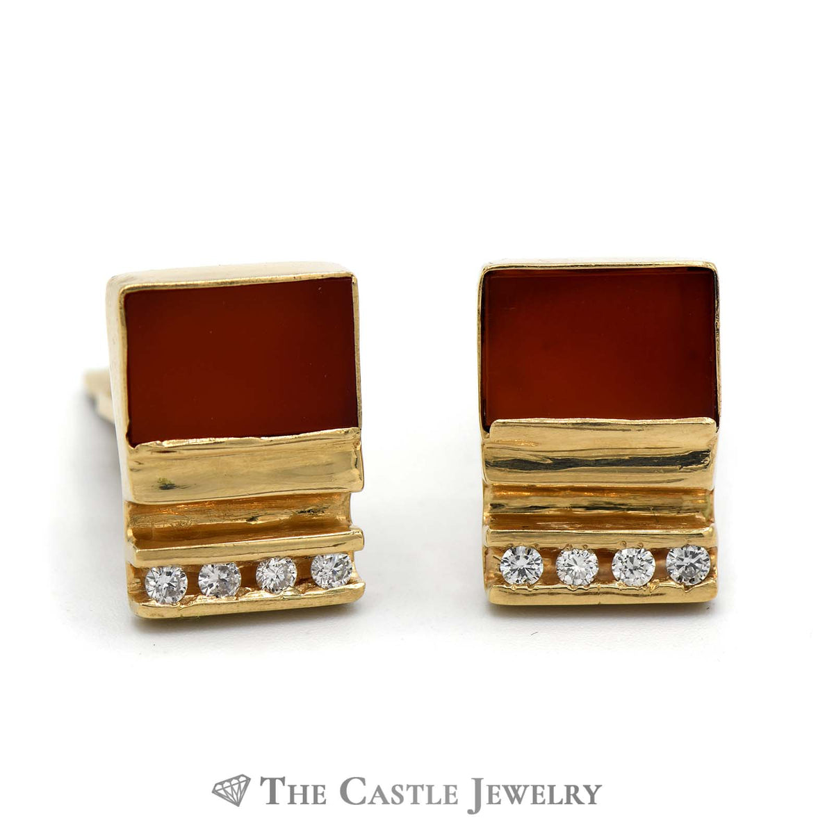 Rectangle Orange Sardonyx Cuff Links with Channel Set Diamonds in 14K