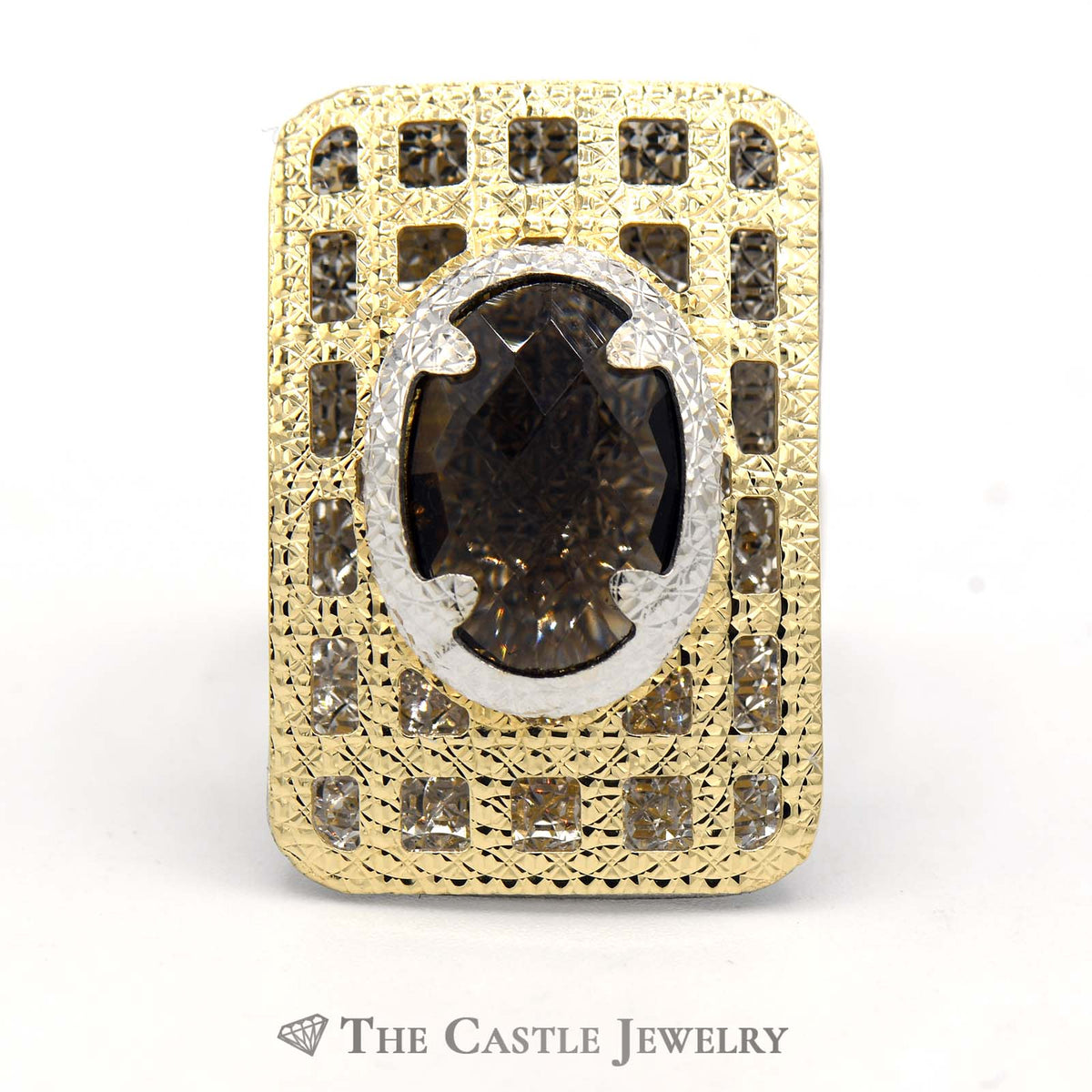 Oval Quartz Ring in Large Etched Open Raised Rectangle Design in 14K Two Tone Gold