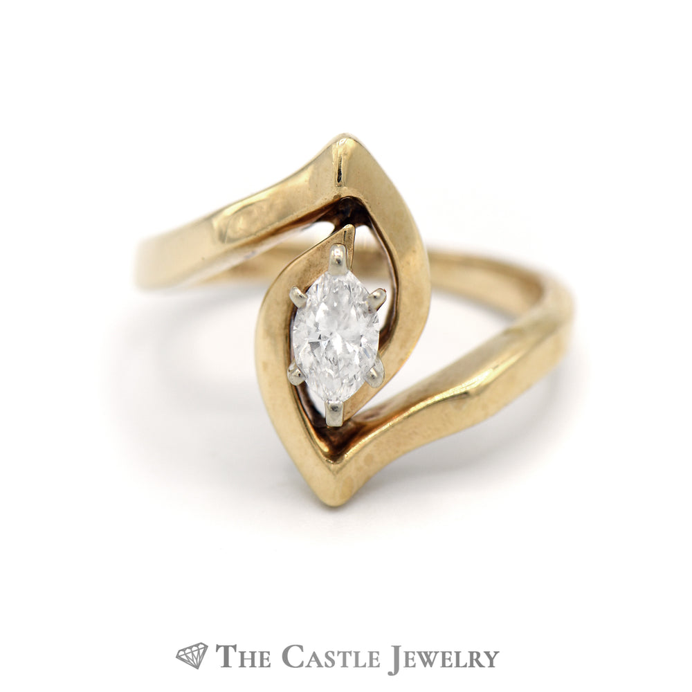Marquise Cut Diamond Solitaire in 14k Yellow Gold Swirled "V" Mount