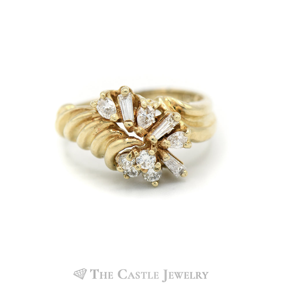 1/2cttw Round and Baguette Diamond Cluster Ring in 14k Yellow Gold Ribbed Mounting