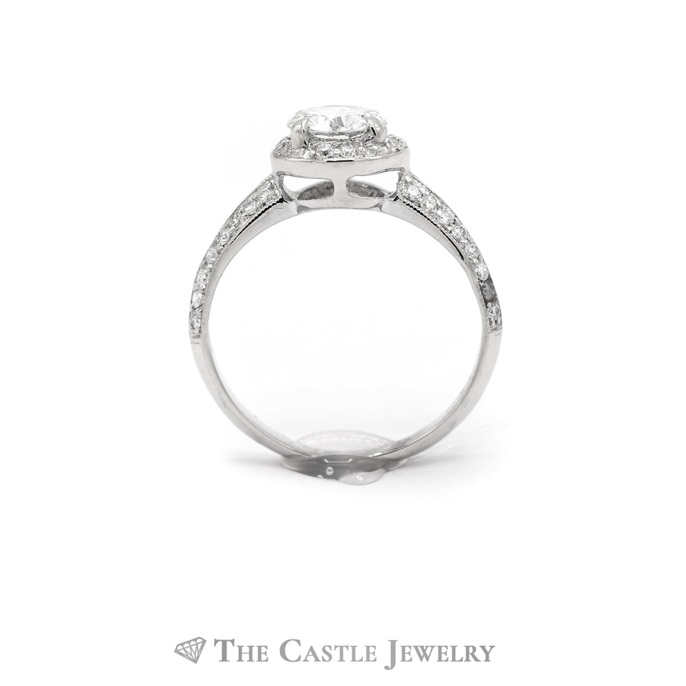 1.09CTTW Round Diamond Engagement Ring with Diamond Halo & Accents in 18KT White Gold