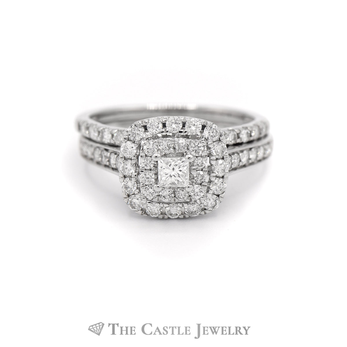 Crown Collection 1cttw Princess Cut Diamond Bridal Set with Double Diamond Halo and Accents in 14k White Gold