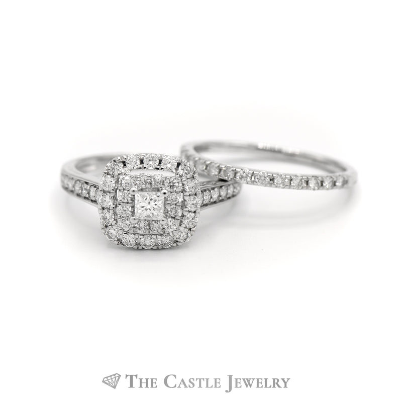 Crown Collection 1cttw Princess Cut Diamond Bridal Set with Double Diamond Halo and Accents in 14k White Gold