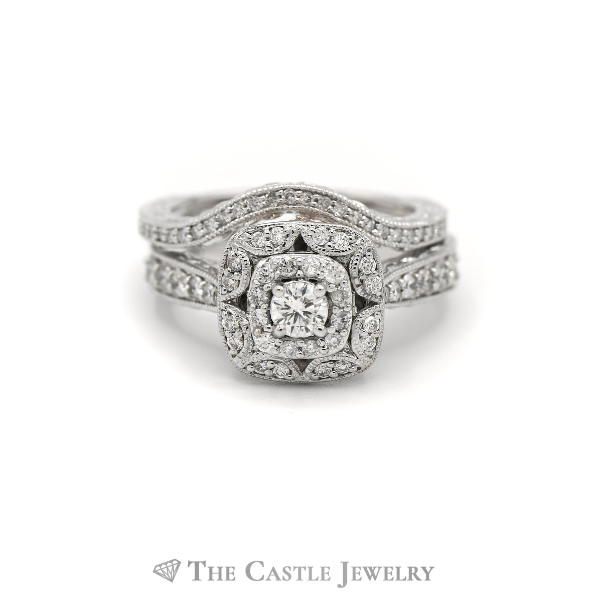 Crown Collection 1cttw Diamond Bridal Set with Diamond Halo and Matching Curved Band in 14k White Gold