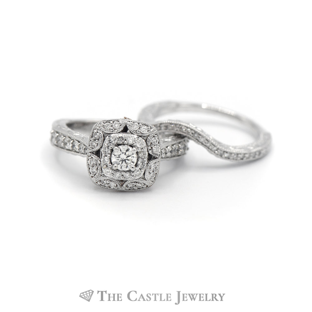 Crown Collection 1cttw Diamond Bridal Set with Diamond Halo and Matching Curved Band in 14k White Gold