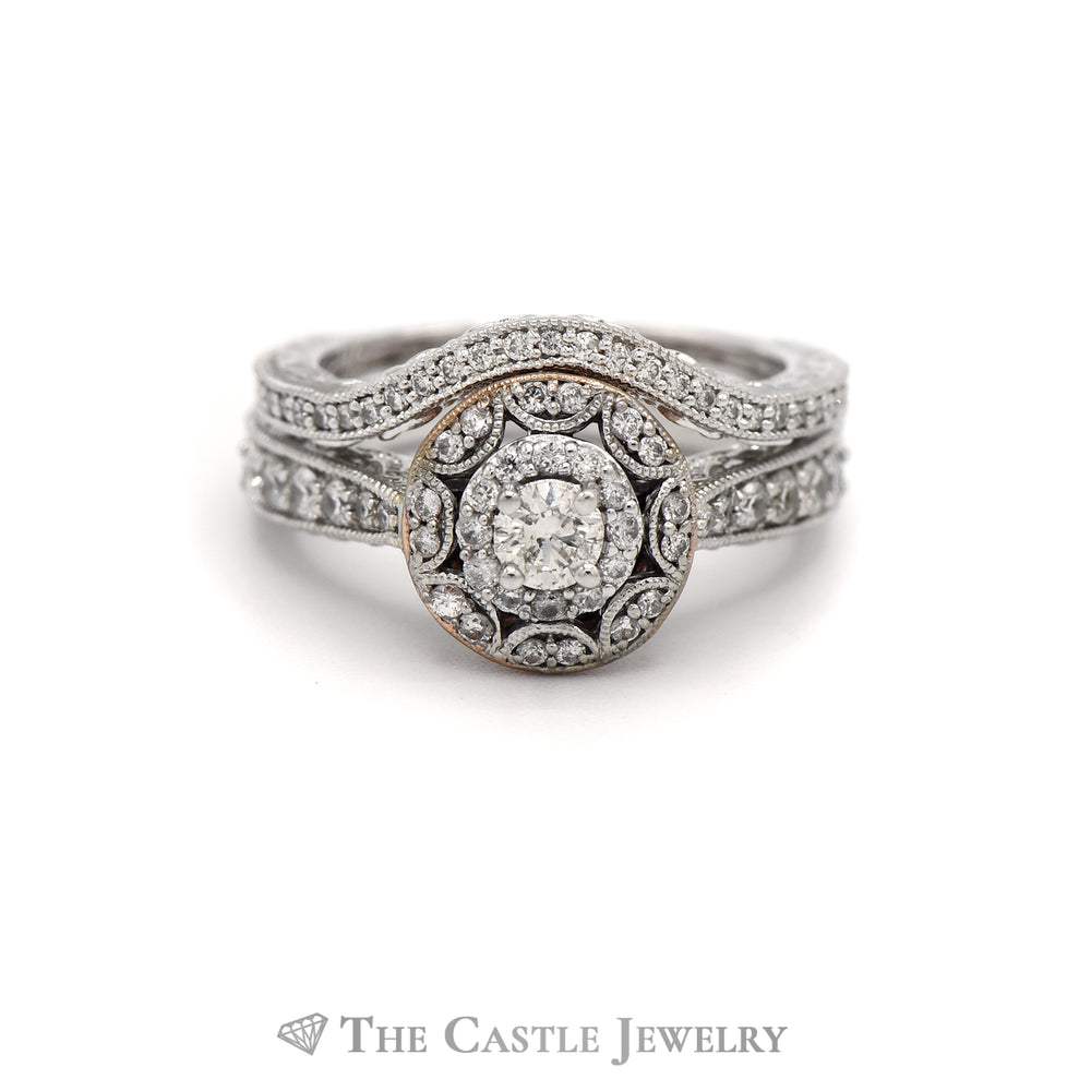 Crown Collection 1cttw Vintage Inspired Diamond Bridal Set with Diamond Halo and Matching Band in 14k White Gold
