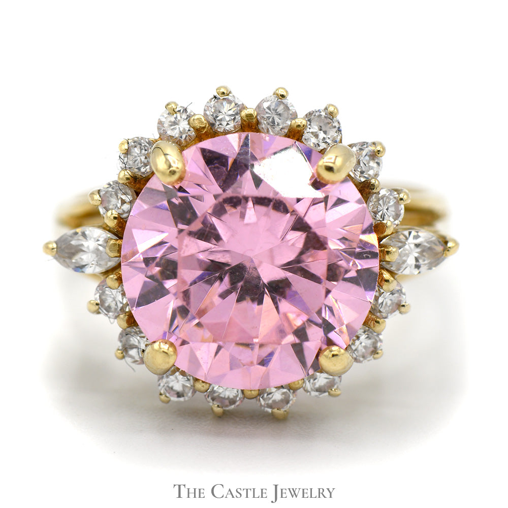 Round Pink Ice Ring with Cubic Zirconia Halo in 14k Yellow Gold