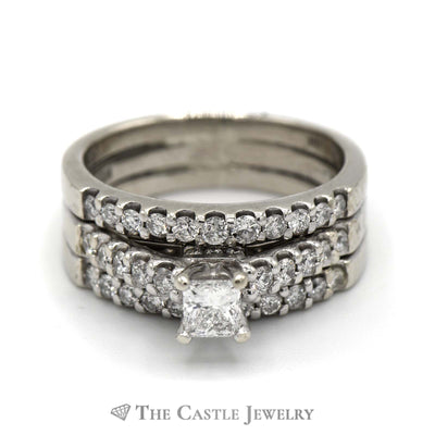 1cttw Triple Ring Bridal Set with Princess Cut Diamond Solitiare and Round Diamond Accents in 14k White Gold