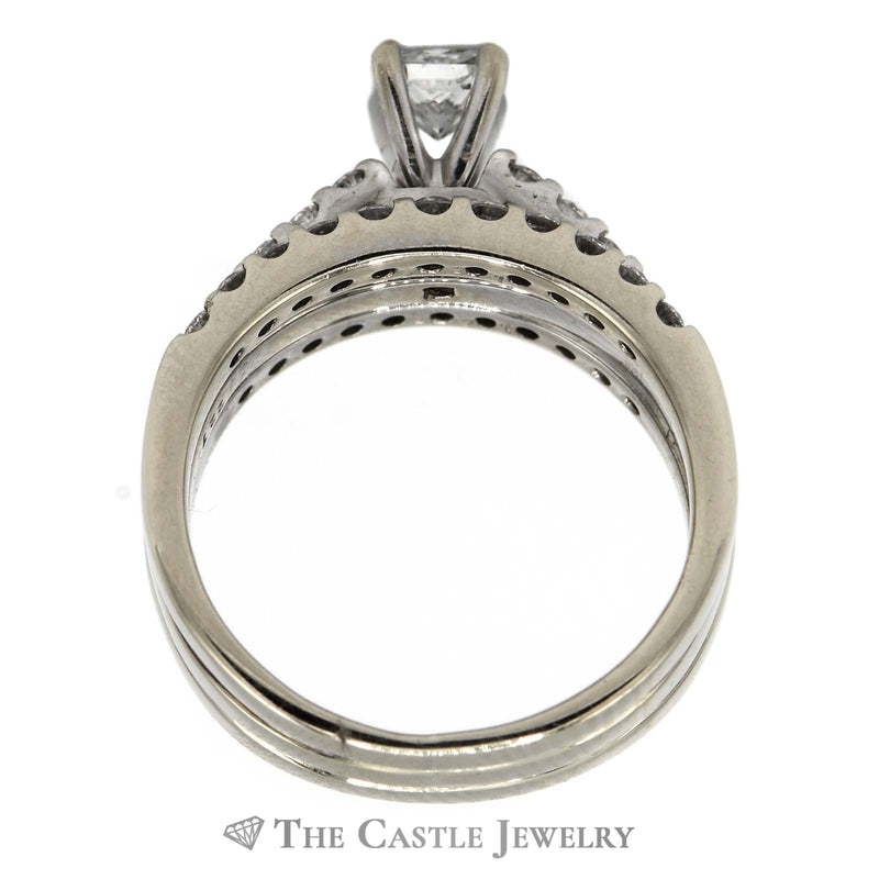 1cttw Triple Ring Bridal Set with Princess Cut Diamond Solitiare and Round Diamond Accents in 14k White Gold