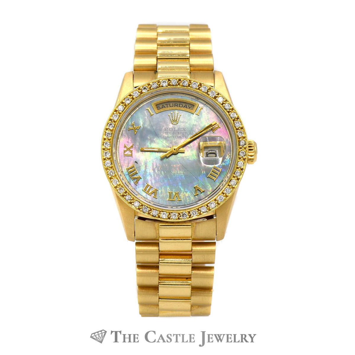 Rolex Presidential Day-Date 18238 with Black Mother of Pearl Dial & Diamond Bezel in 18k Yellow Gold
