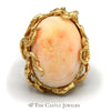 Large Flower Engraved Coral Ring with Vine Designed Mounting in 14k Yellow Gold - Thumbnail 1