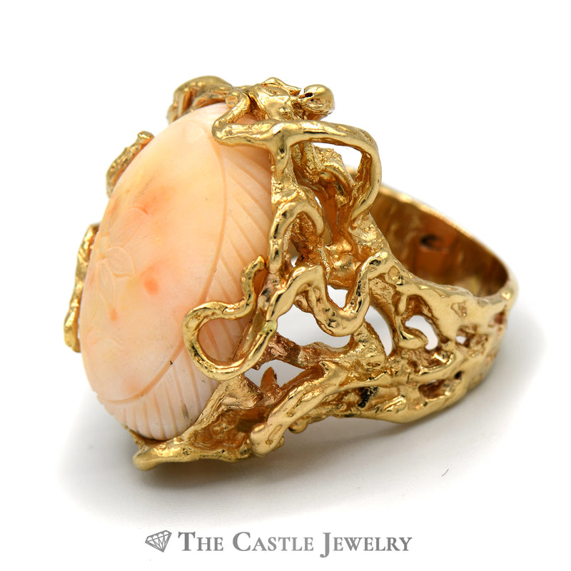 Large Flower Engraved Coral Ring with Vine Designed Mounting in 14k Yellow Gold