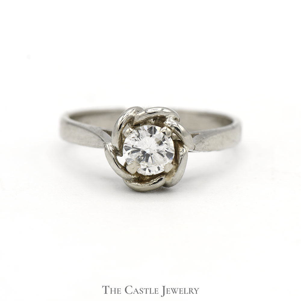 1/3ct Round Diamond Solitaire Engagement Ring with Flower Designed Bezel in 14k White Gold