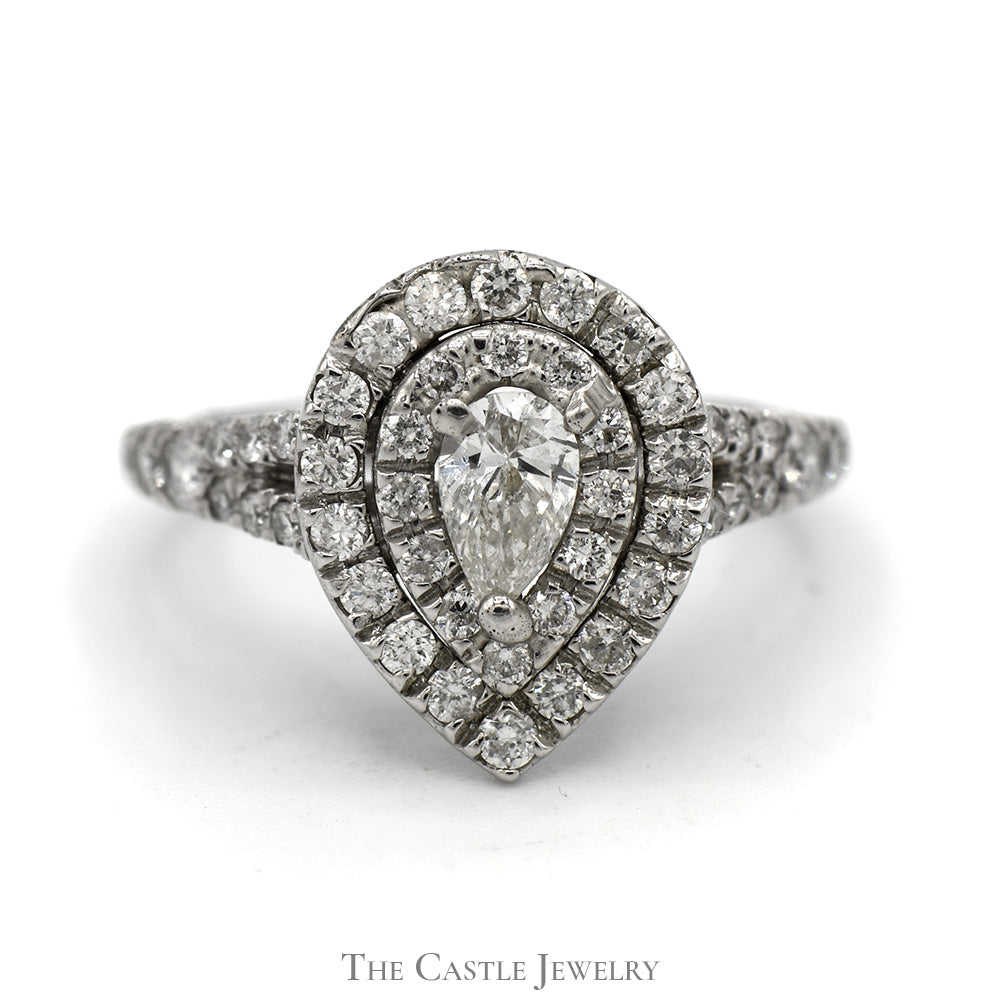 Pear Cut Diamond Engagement Ring with Double Diamond Halo and Accents in 14k White Gold