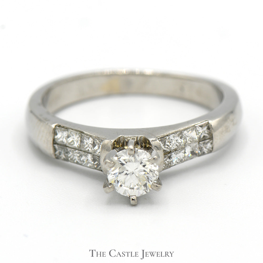 Round Diamond Solitaire Engagement Ring with Princess Cut Accents in Platinum