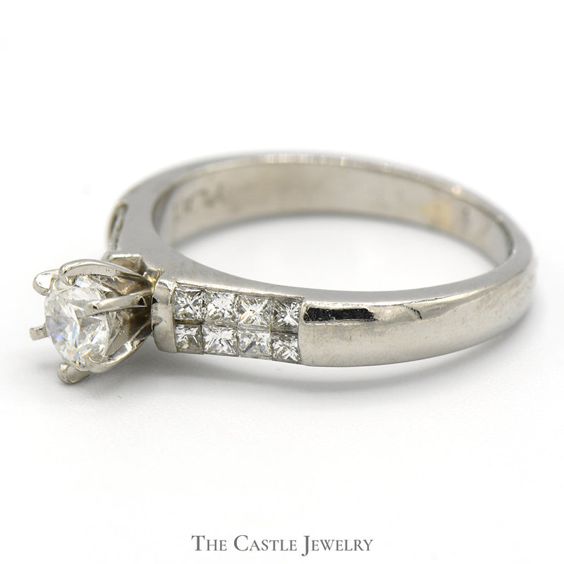Round Diamond Solitaire Engagement Ring with Princess Cut Accents in Platinum