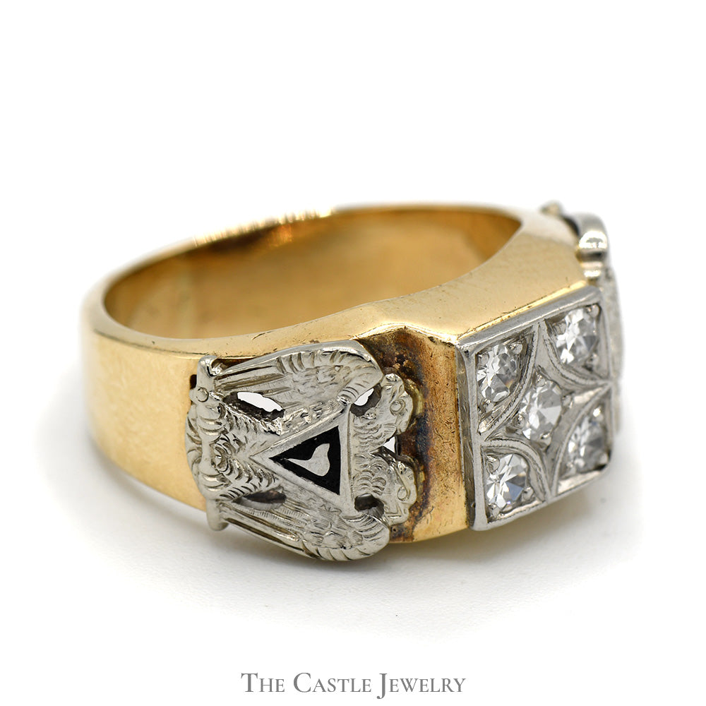 Square Shaped Diamond Cluster Masonic Ring in 10k Yellow Gold