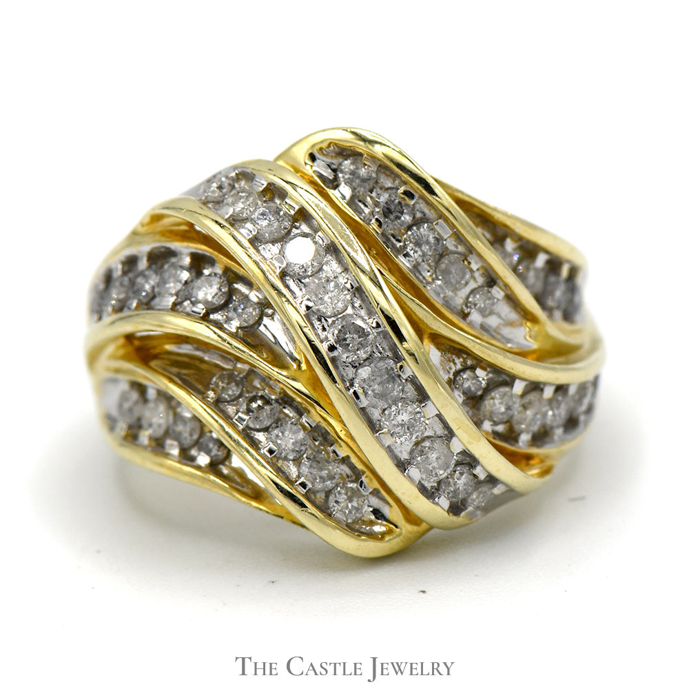 3/4cttw Multi Row Interwoven Nick Set Diamond Cluster Ring in 10k Yellow Gold