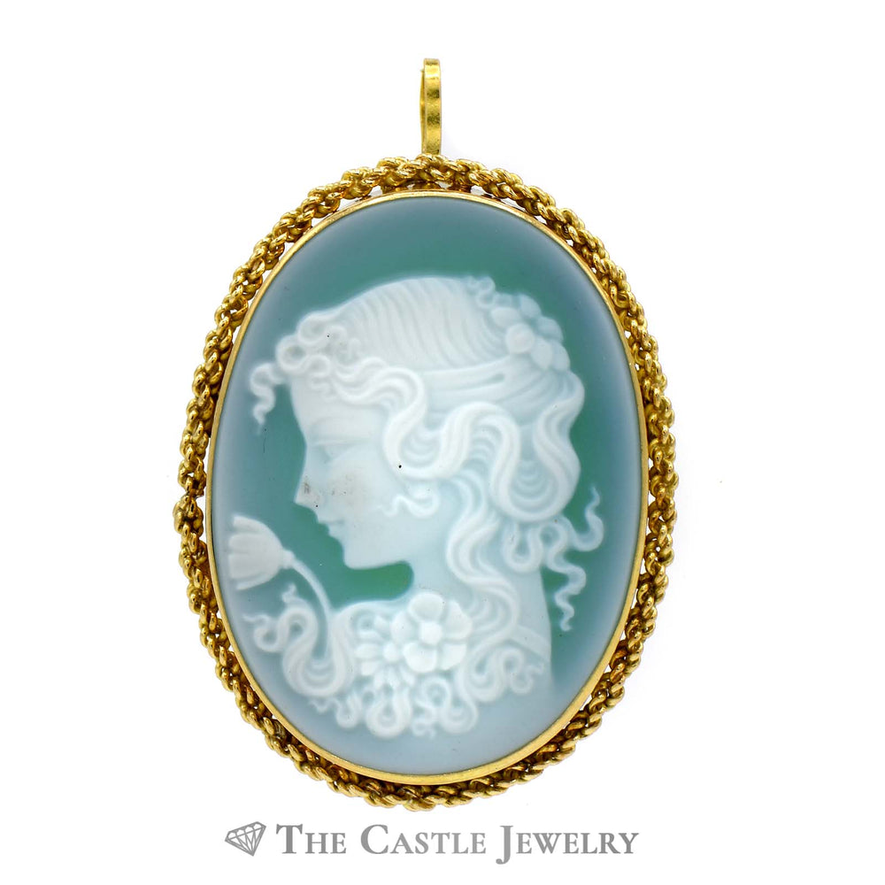 Oval Shaped Blue Cameo Pendant/Broach Combo with Rope Designed Bezel in 18k Yellow Gold
