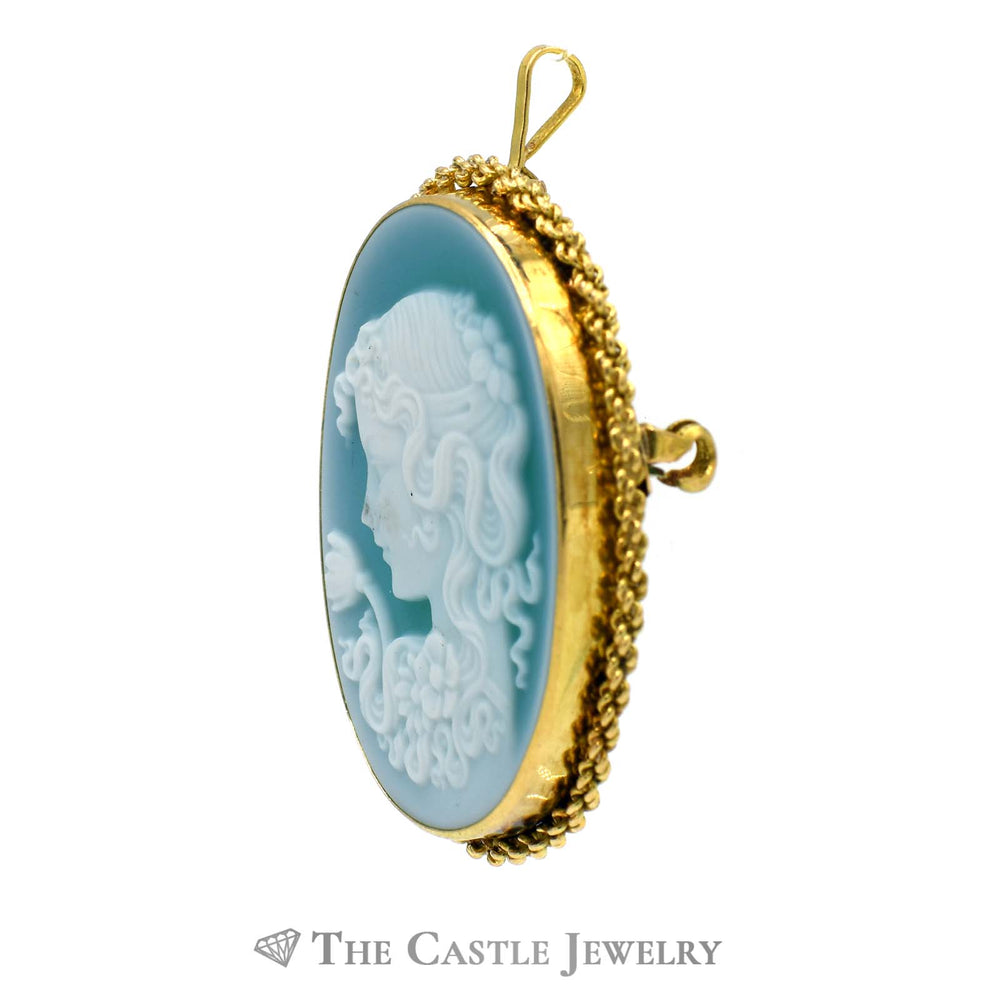 Oval Shaped Blue Cameo Pendant/Broach Combo with Rope Designed Bezel in 18k Yellow Gold