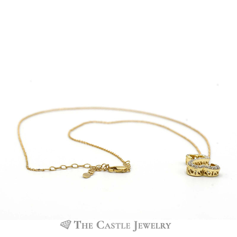 Double Open Heart 1/4cttw Diamond Pendant with Adjustable Chain Necklace in 10k Yellow Gold