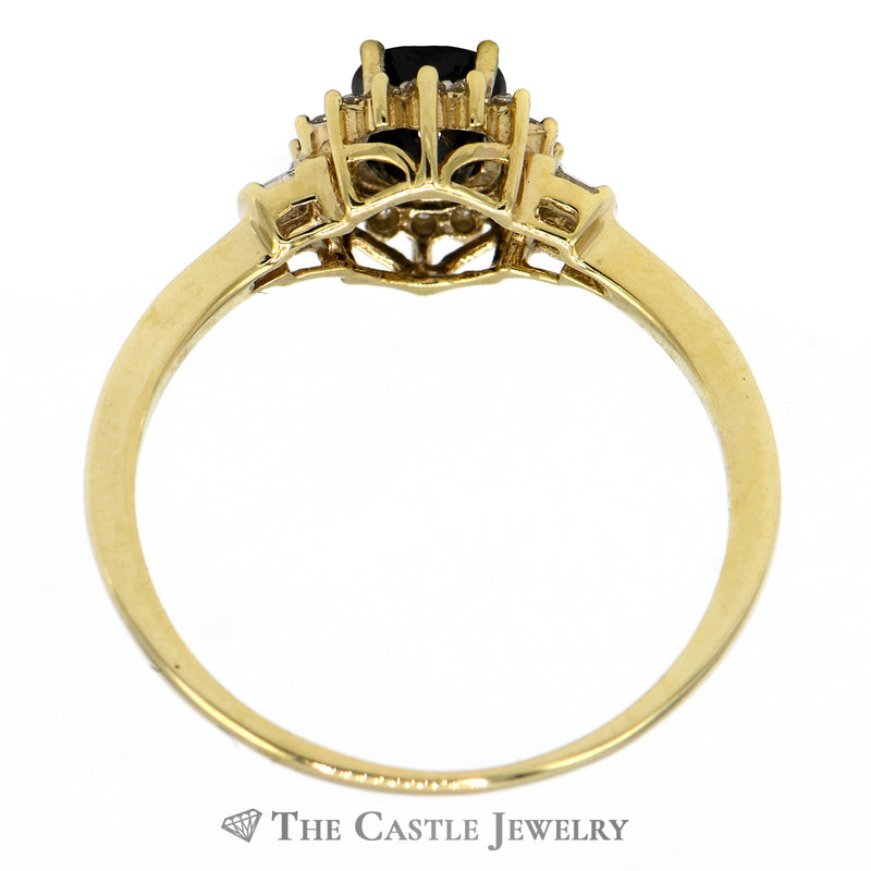Oval Sapphire Ring with Diamond Halo and Baguette Diamond Accents in 10k Yellow Gold
