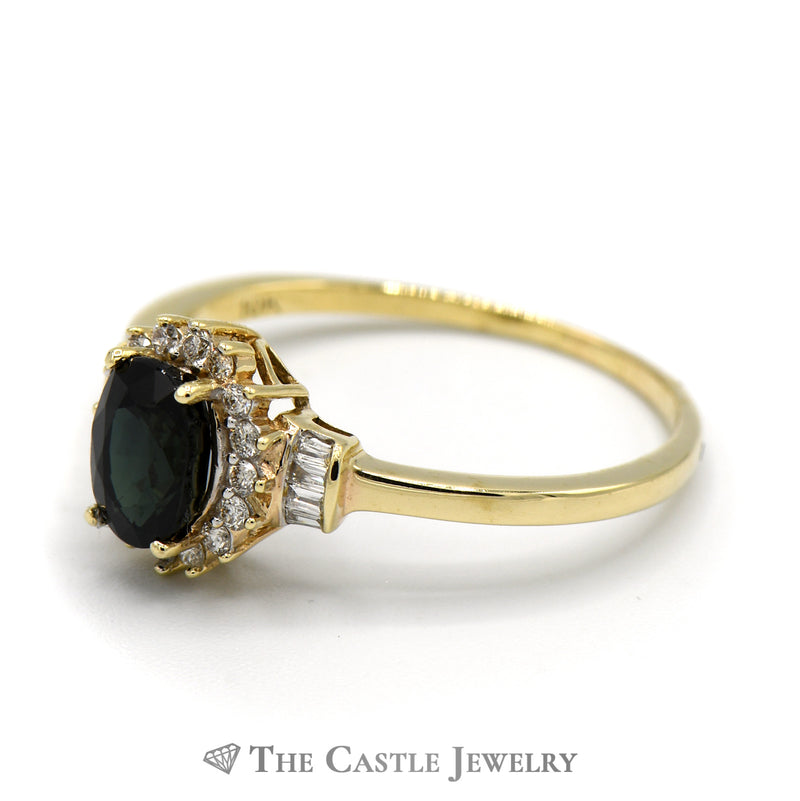 Oval Sapphire Ring with Diamond Halo and Baguette Diamond Accents in 10k Yellow Gold