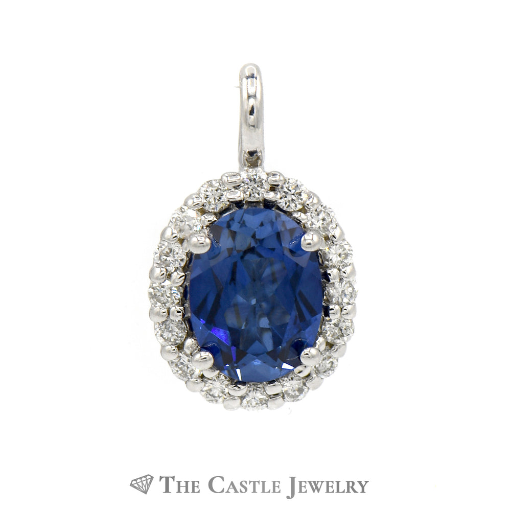 Diffused Oval Sapphire Pendant with Lab Grown Diamond Halo in 14k White Gold