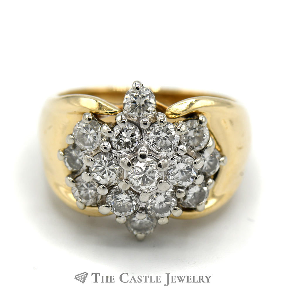 1cttw Marquise Shaped Round Diamond Cluster Ring in 14k Yellow Gold