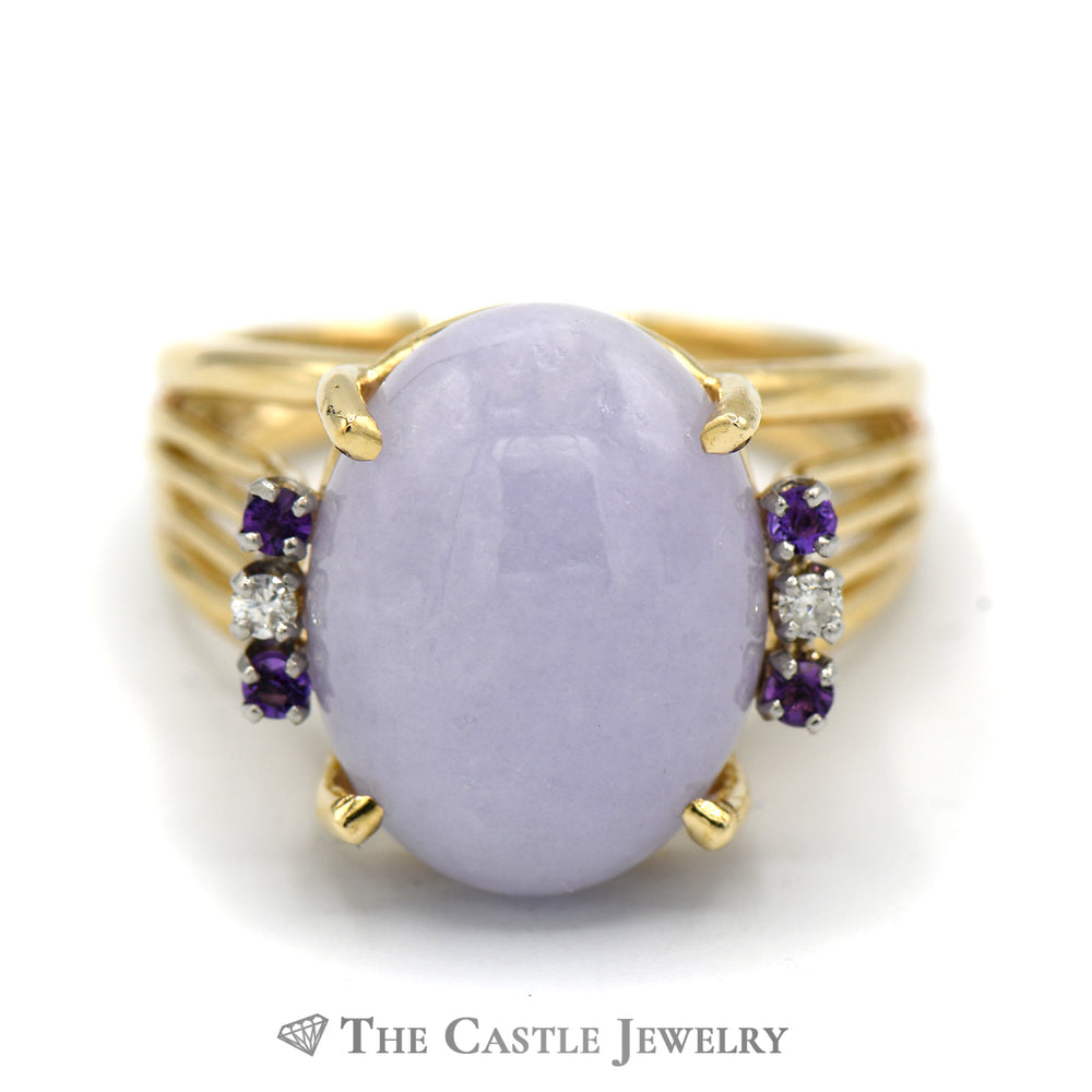 Large Cabochon Lavender Jade Ring with Diamond and Amethyst Accents in 14k Yellow Gold Split Shank Mounting