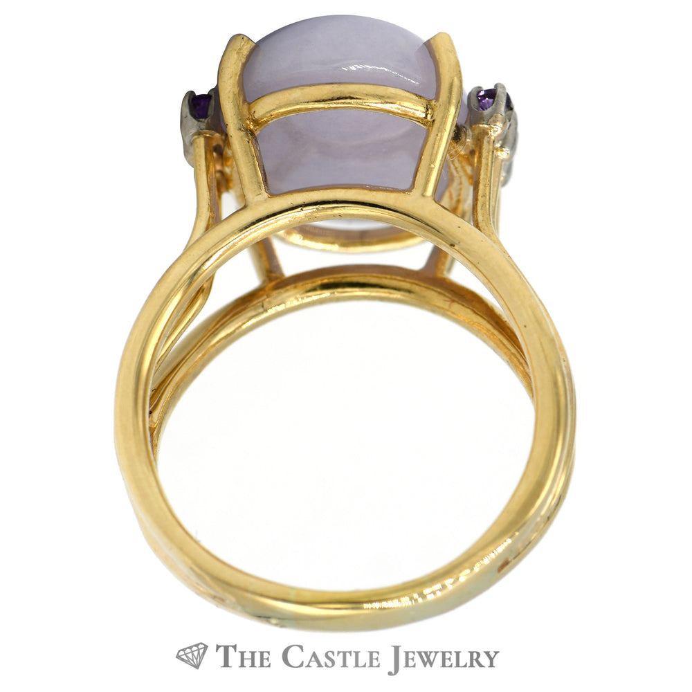 Large Cabochon Lavender Jade Ring with Diamond and Amethyst Accents in 14k Yellow Gold Split Shank Mounting