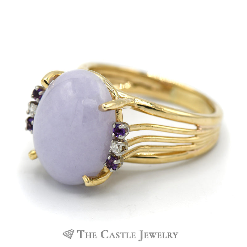 Large Cabochon Lavender Jade Ring with Diamond and Amethyst Accents in 14k Yellow Gold Split Shank Mounting
