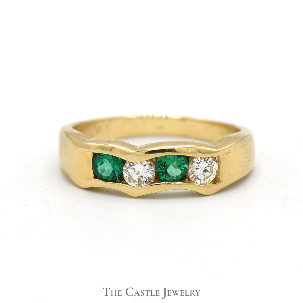 Channel Set Emerald and Diamond Fitted Band in 14k Yellow Gold
