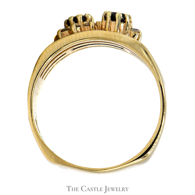 Double Sapphire Ring with Interwoven Row of Diamond Accents in 14k Yellow Gold