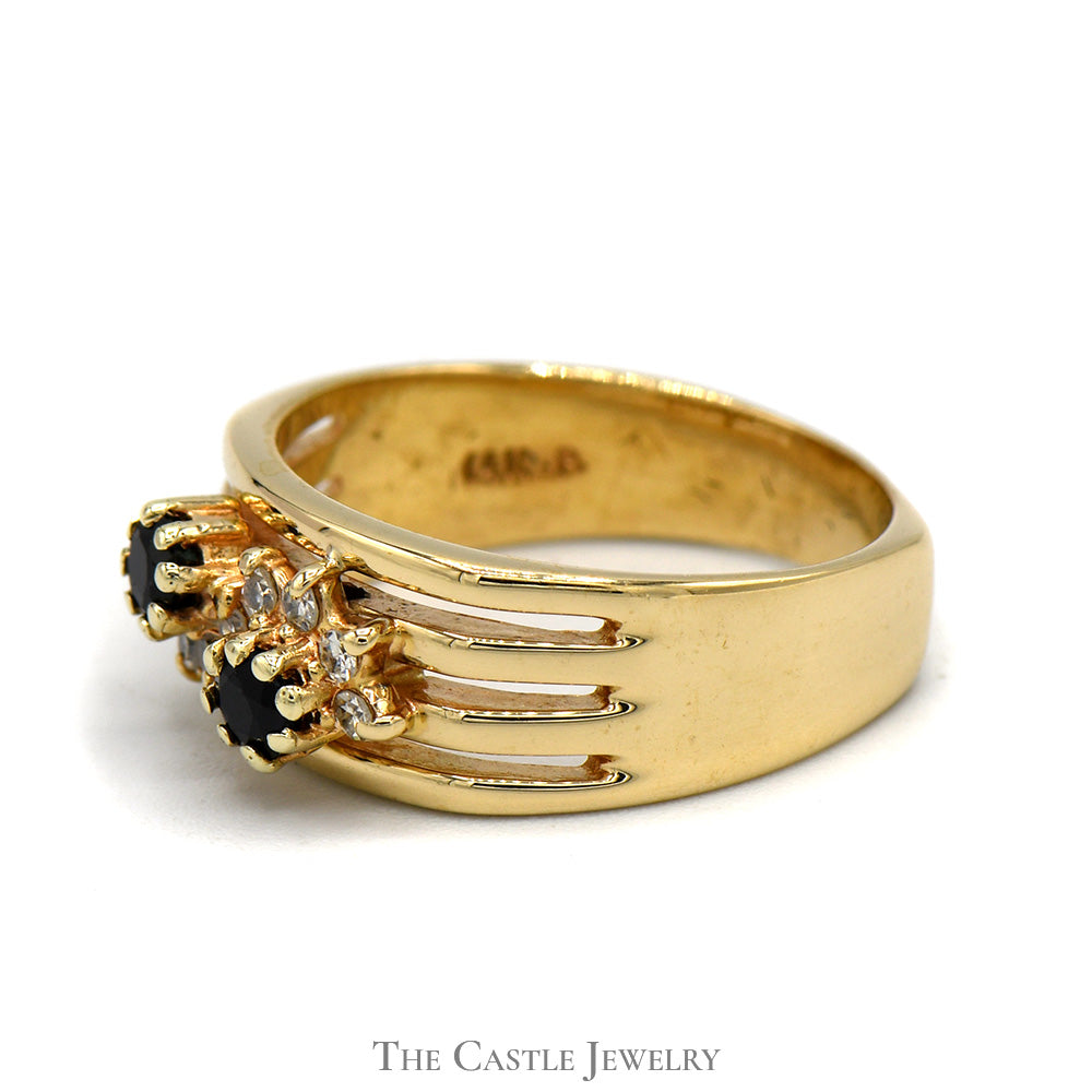 Double Sapphire Ring with Interwoven Row of Diamond Accents in 14k Yellow Gold