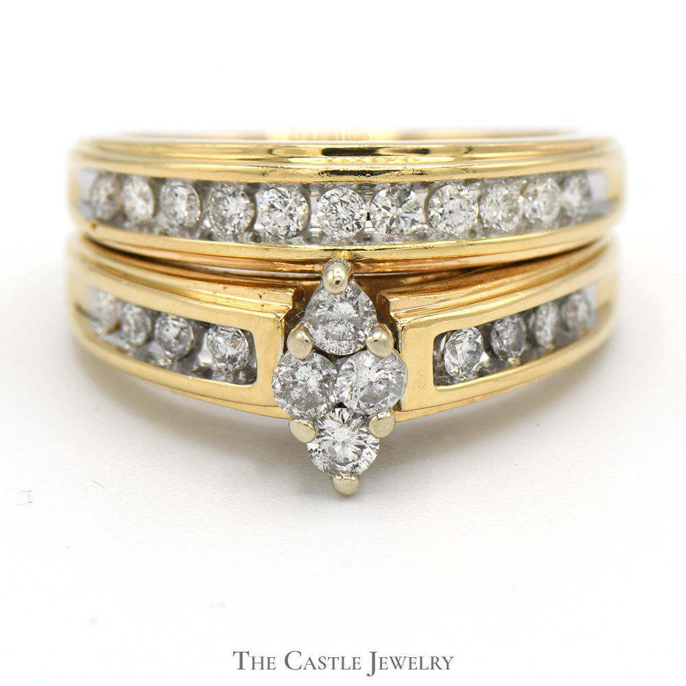 Marquise Shaped Diamond Cluster Bridal Set with Diamond Accents and Matching Band in 14k Yellow Gold
