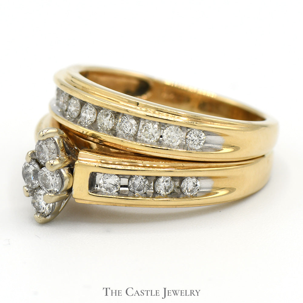 Marquise Shaped Diamond Cluster Bridal Set with Diamond Accents and Matching Band in 14k Yellow Gold