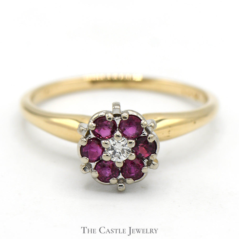 Round Shaped Ruby and Diamond Cluster Ring in 14k Yellow Gold