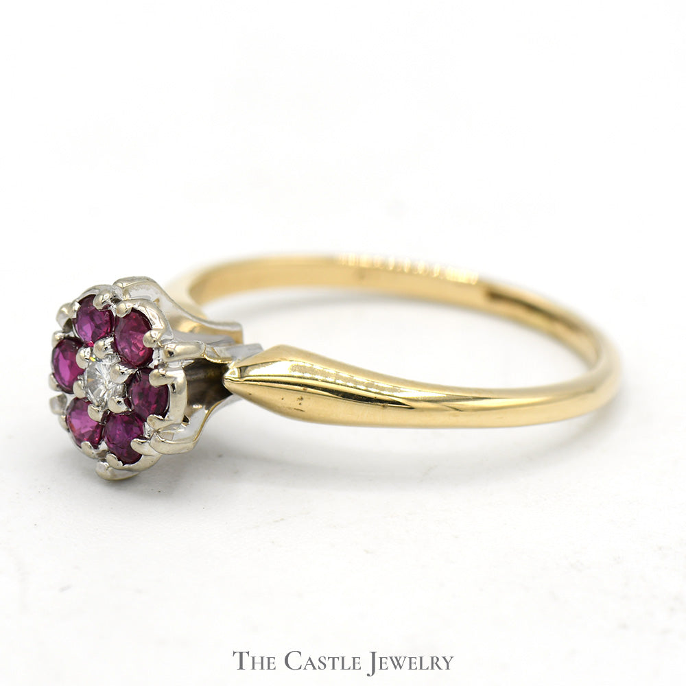 Round Shaped Ruby and Diamond Cluster Ring in 14k Yellow Gold