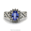 Oval Tanzanite Ring with 1/2cttw Diamond Halo and Accents in Crossover Designed 14k White Gold Setting - Thumbnail 1