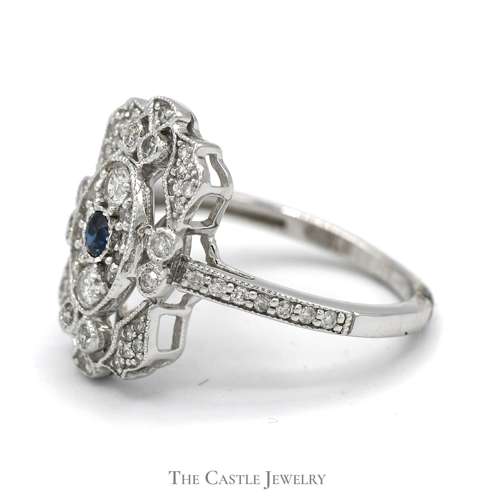 Vintage Style Sapphire Shield Ring with Diamond Accents in 14k White Gold