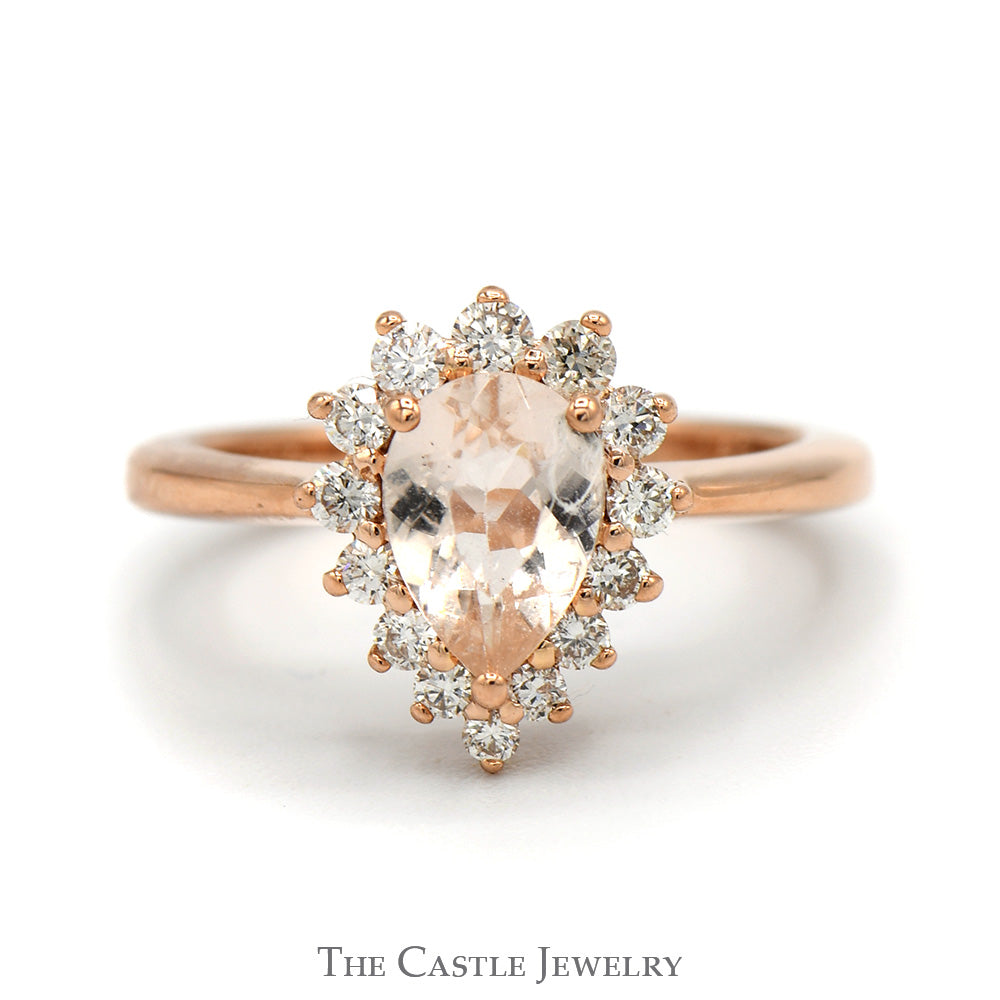 Pear Cut Morganite Engagement Ring with Diamond Halo in 14k Rose Gold