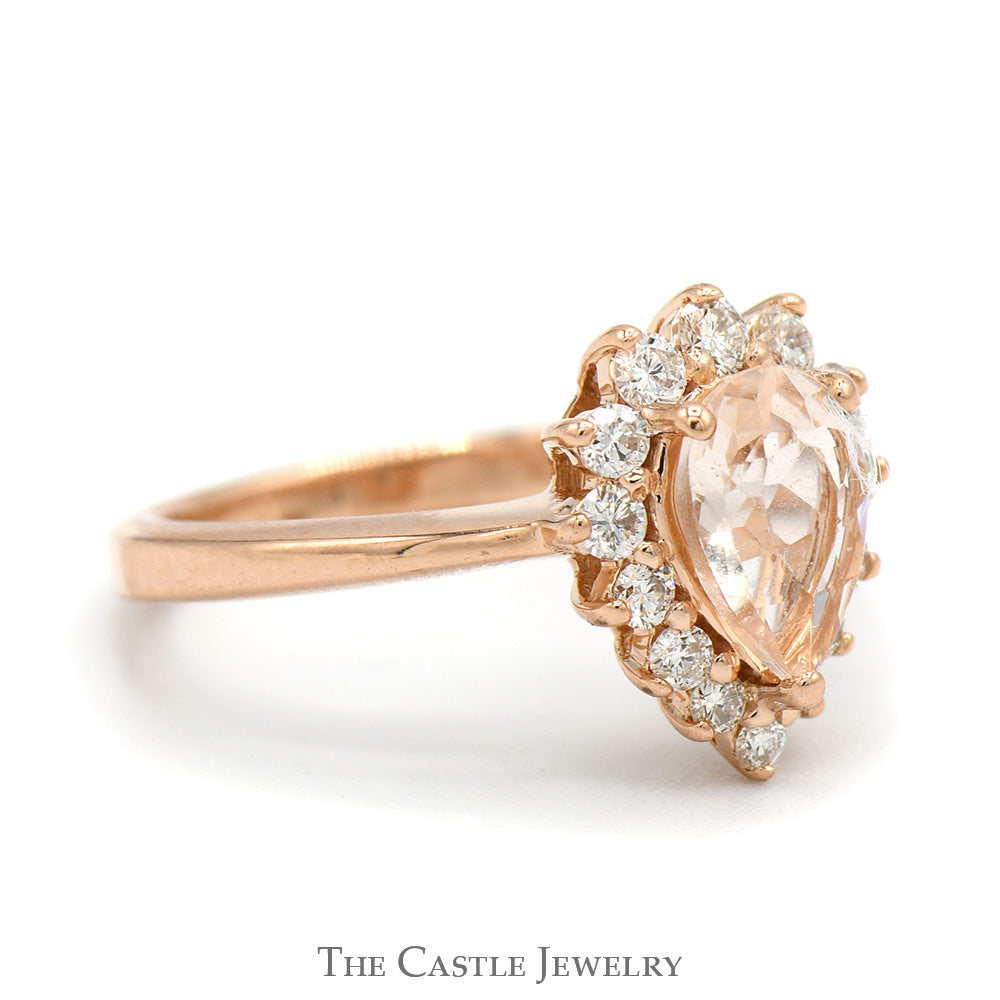 Pear Cut Morganite Engagement Ring with Diamond Halo in 14k Rose Gold