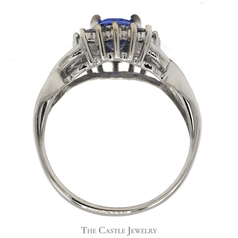 Oval Tanzanite Ring with 1/2cttw Diamond Halo and Accents in Crossover Designed 14k White Gold Setting