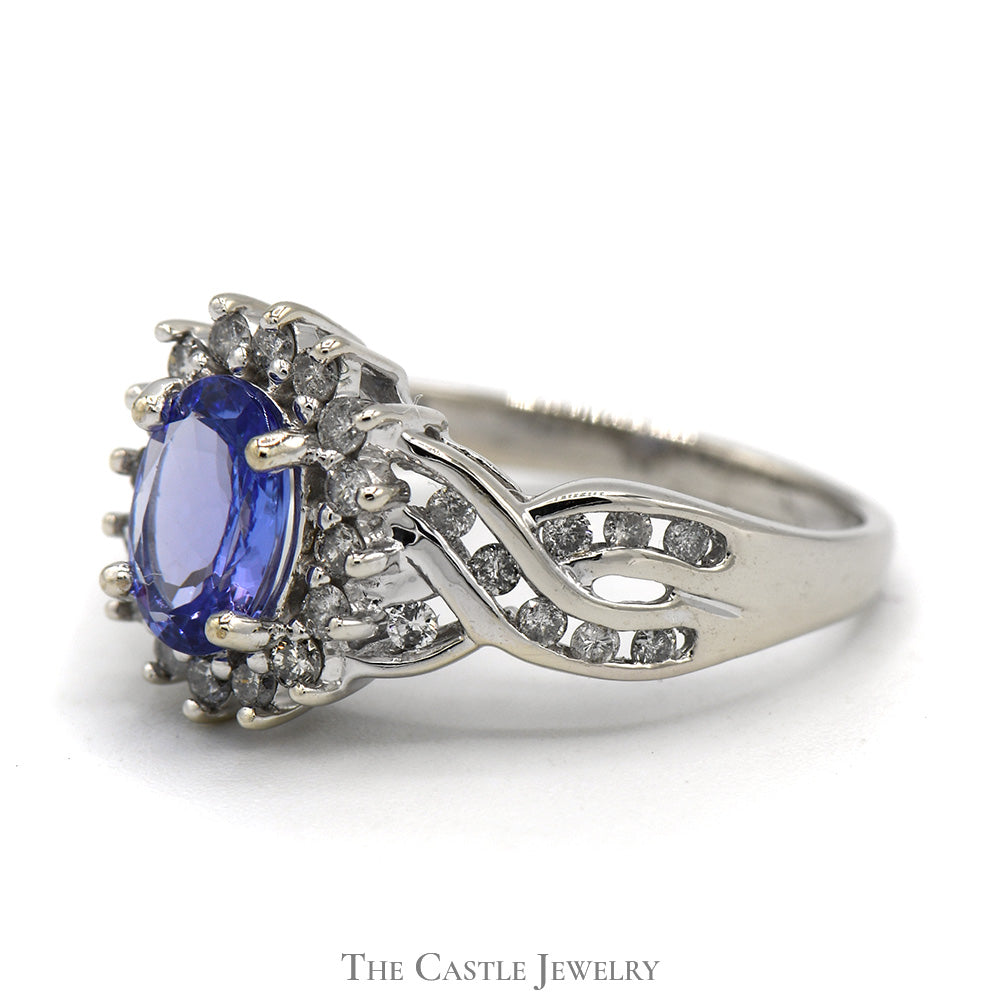 Oval Tanzanite Ring with 1/2cttw Diamond Halo and Accents in Crossover Designed 14k White Gold Setting