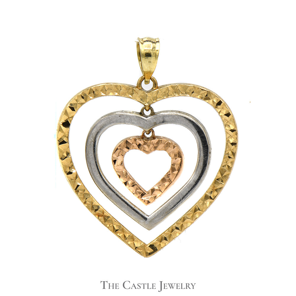 Tri-Gold Triple Heart Pendant in 10k Yellow, Rose and White Gold