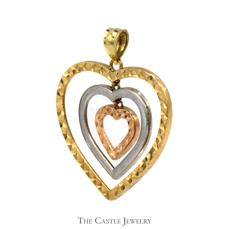 Tri-Gold Triple Heart Pendant in 10k Yellow, Rose and White Gold