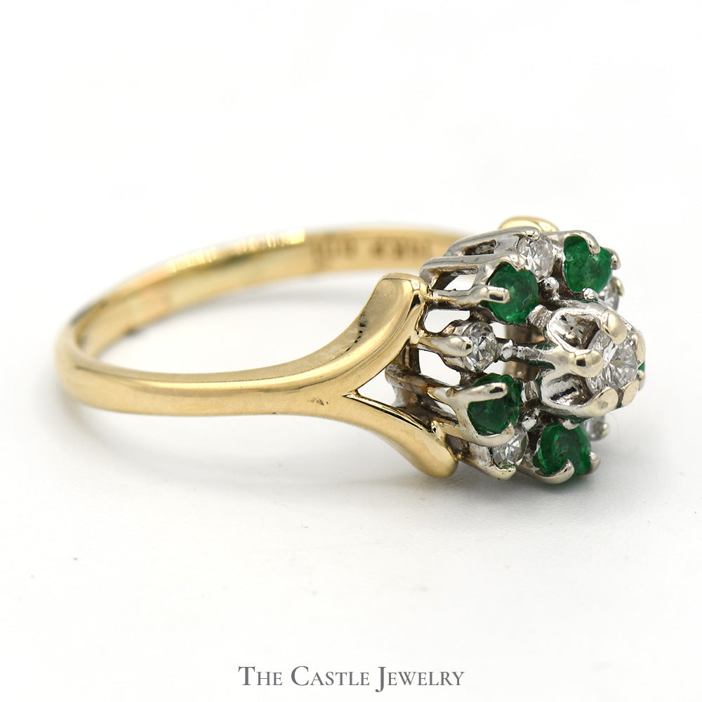 Round Shaped Emerald and Diamond Cluster Ring in 14k Yellow Gold
