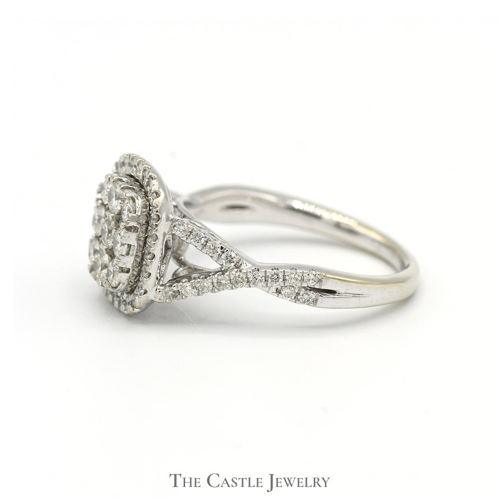 Square Shaped Diamond Cluster Ring with Diamond Halo and Accents in 14k White Gold