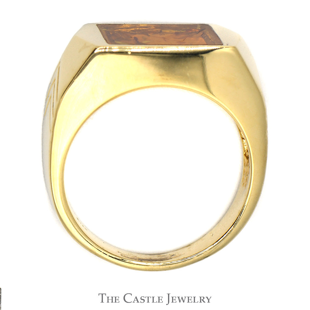 Men's Rectangular Amber Ring in Arrow Designed 14k Yellow Gold Mounting